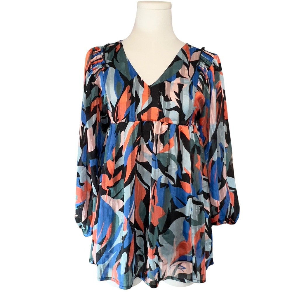 Mittoshop Tunic Multicolor Abstract Print Long Sleeve Size Small Lined‎ Smocking